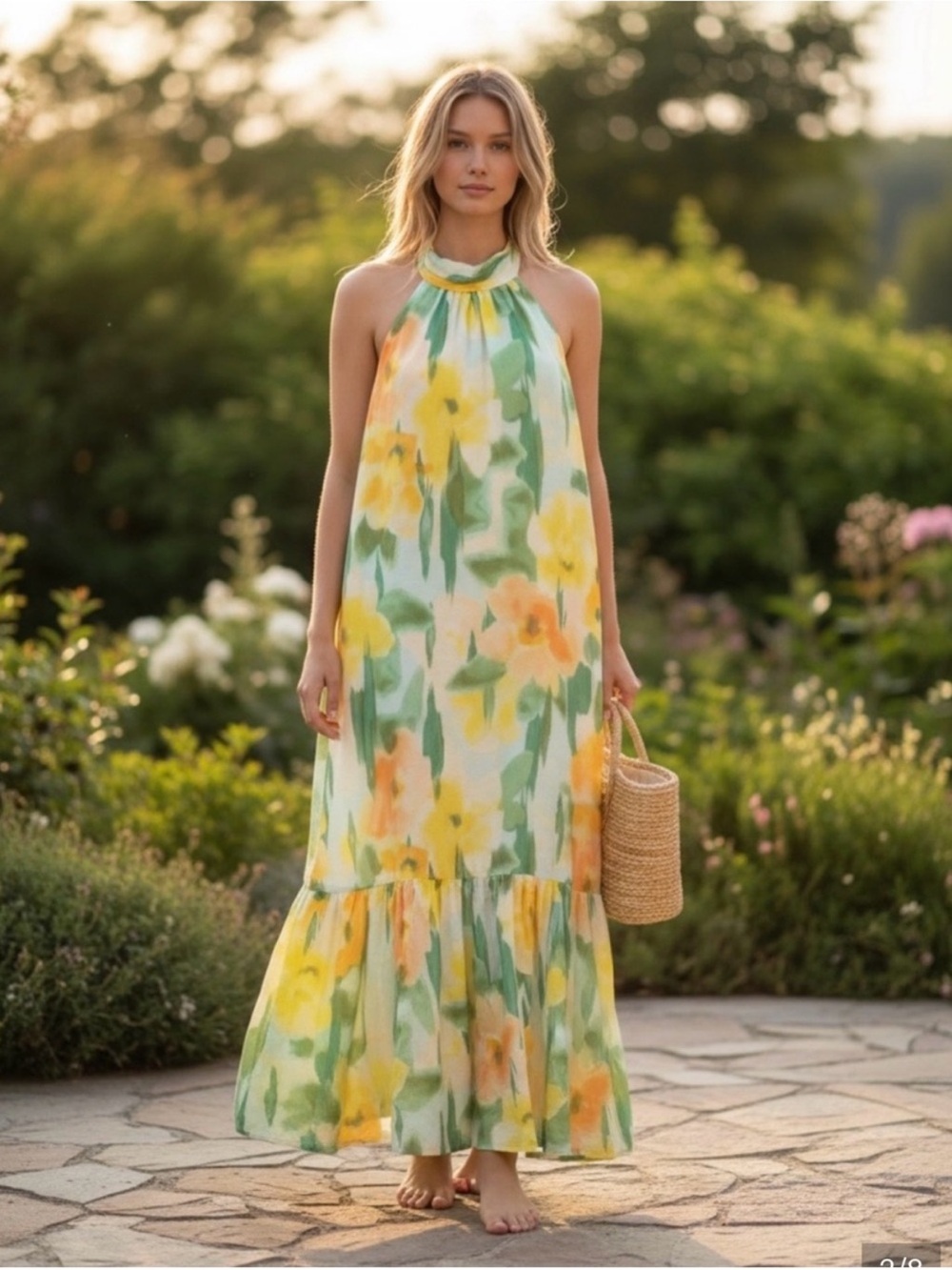 1. State Halter Maxi Dress Green, Yellow & Orange Watercolor Floral Size XL